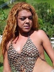 Horny shemale babe masturbating outdoors